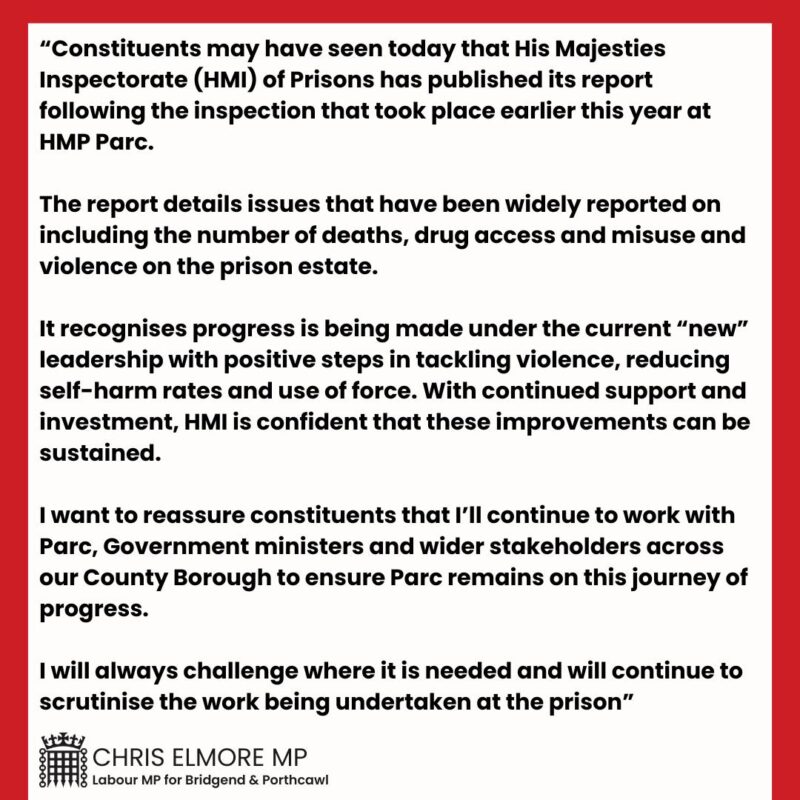 HMP Parc Prison Statement 23rd April 2025