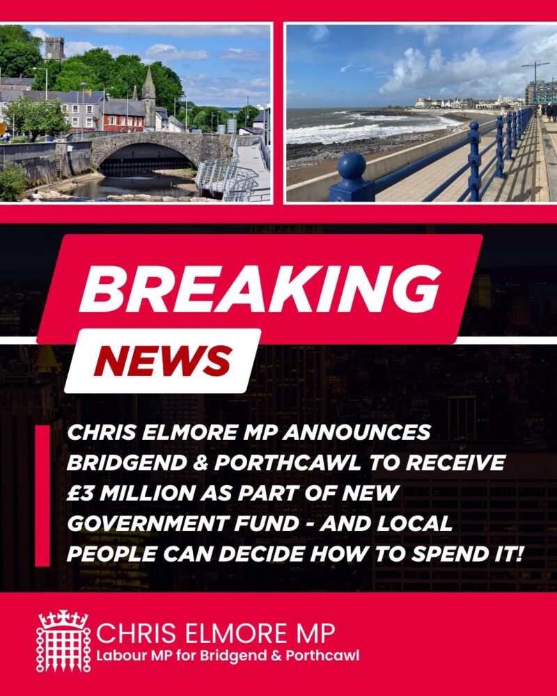 Bridgend & Porthcawl to receive £3 million in funding from UK Government.