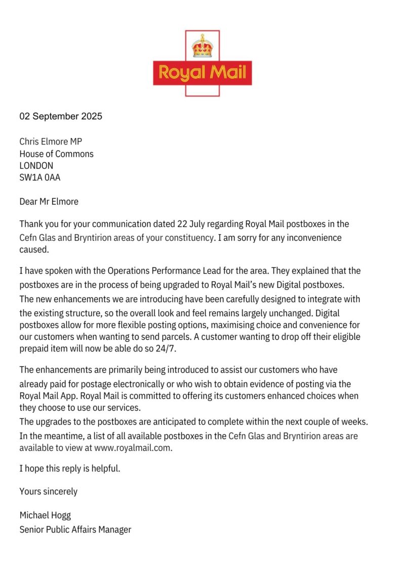 Response from Royal Mail.