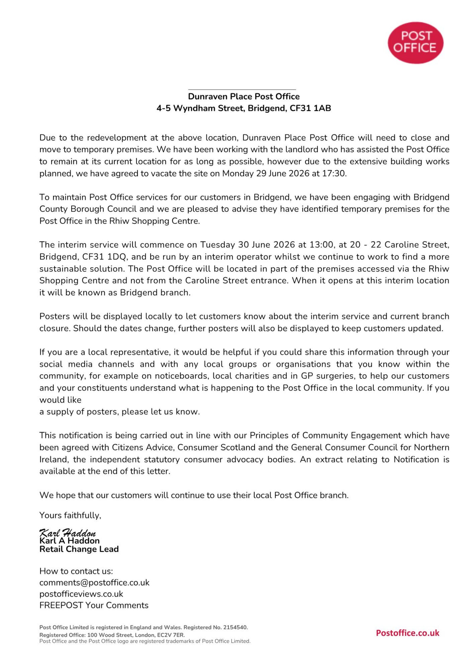 Update on Bridgend Post Office