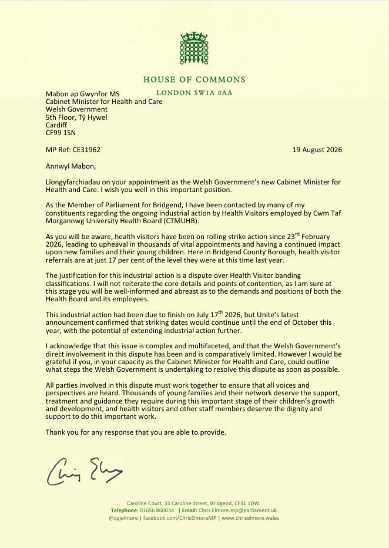 Letter to the Welsh Government