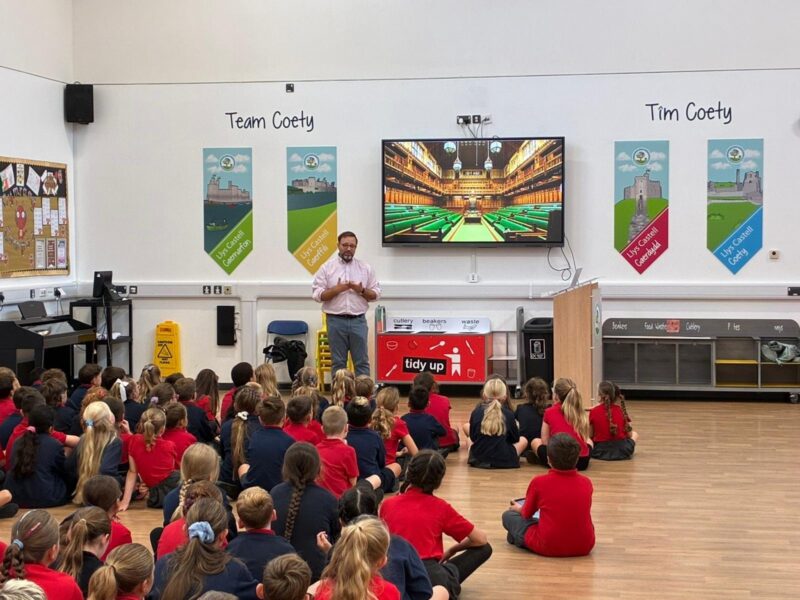 Chris Elmore MP with pupils at Coety Primary School